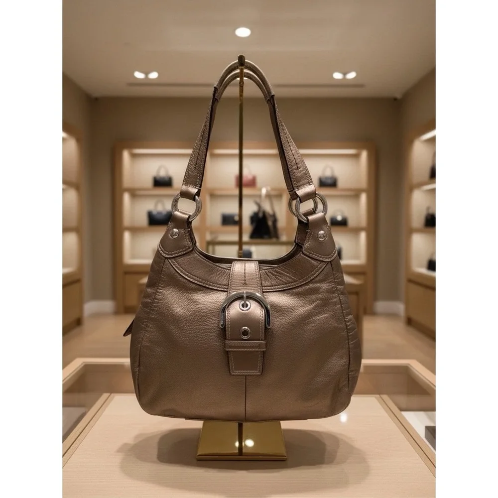Coach Lynn Soho Leather Metallic Bronze Hobo Buckle Shoulder Bag Y2K